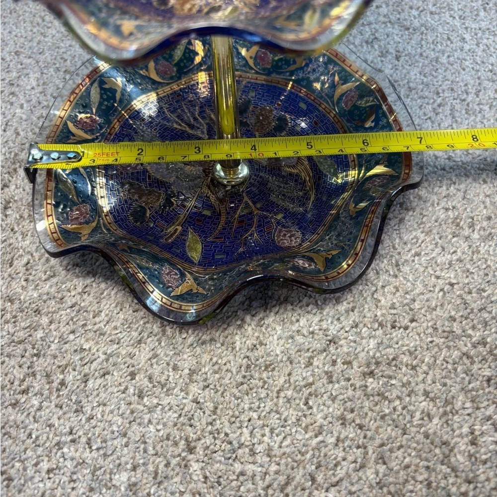 Vintage Dan Baird tiered dessert stand cobalt blue and gold bird motif